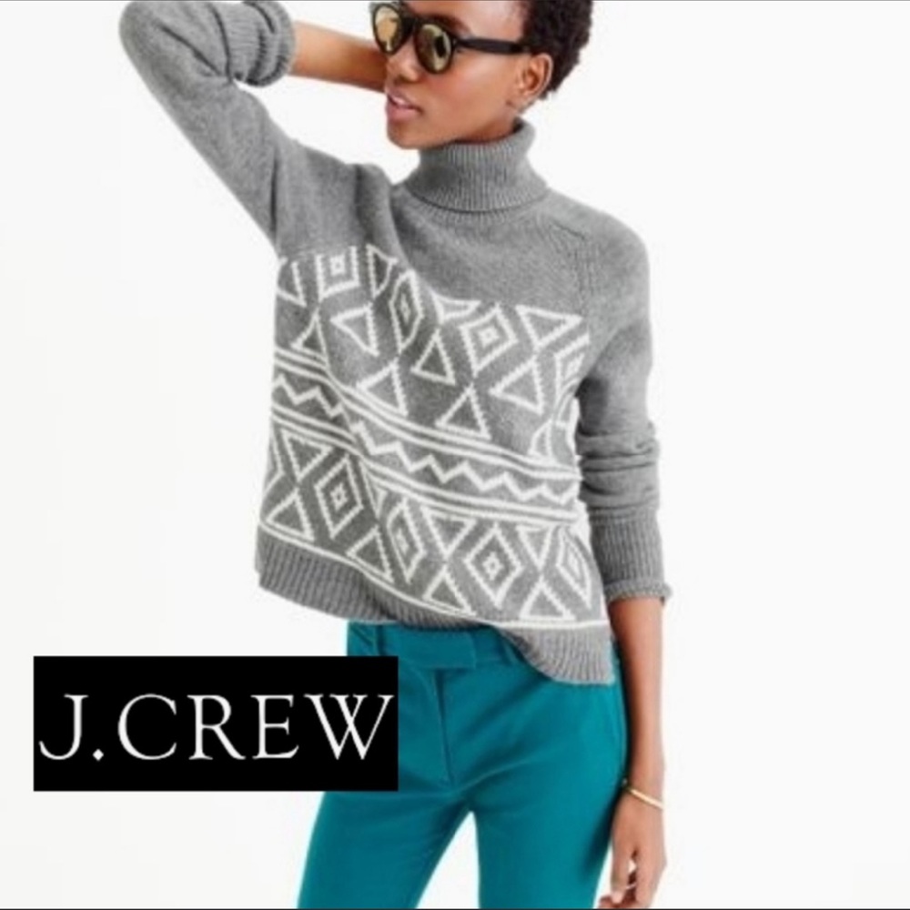 J CREW WOOL CASHMERE FAIR ISLE STYLE GRAY AND WHITE TURTLE NECK SWEATER